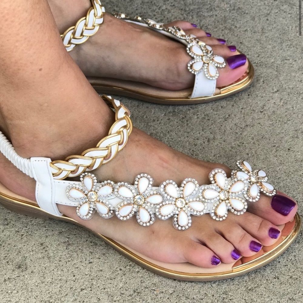 3 Left!  Italina Camel Floral Rhinestone Flat Sandal - Picture 11 of 13
